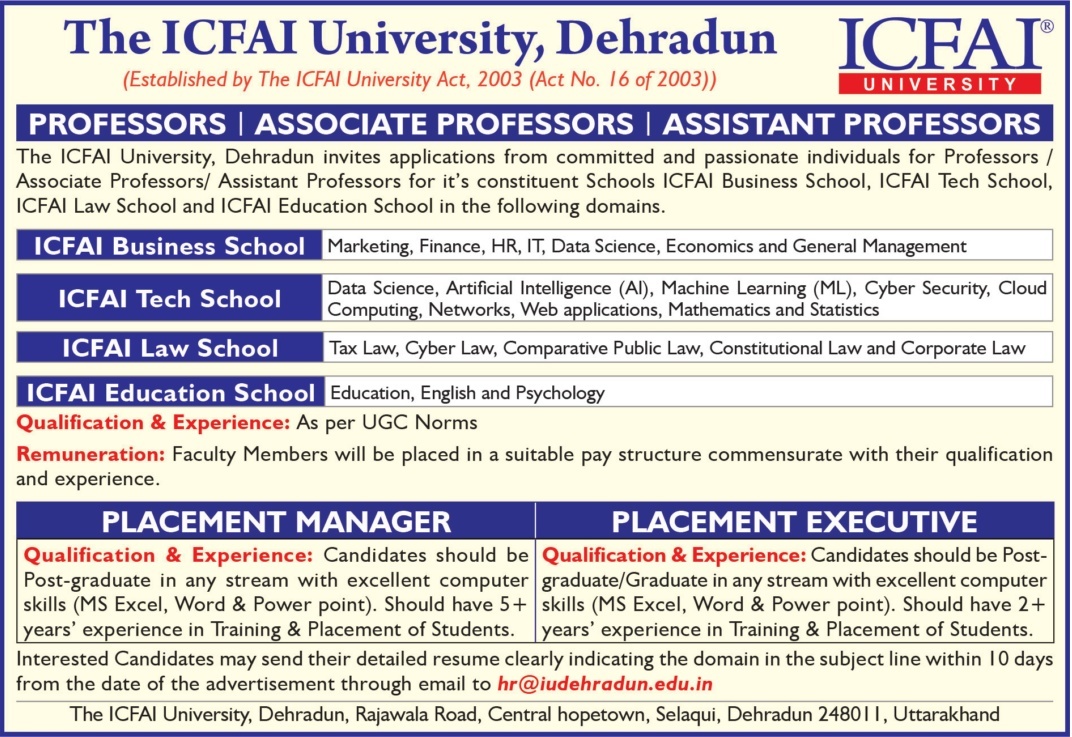 ICFAI University, Dehradun Faculty Recruitment - Facultytub