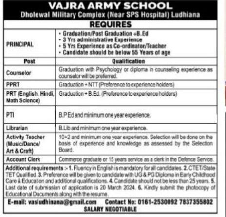 VAZRA ARMY SCHOOL HIRING RECRUITMENT FOR THE POSITION OF PRINCIPAL AND STAFF