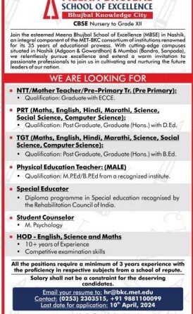 Meena Bhujbal School of Excellence, Nashik Faculty Job Openings