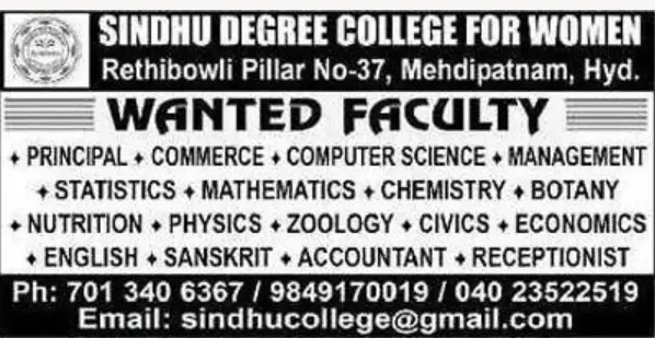 Sindhu Degree College For Women, Faculty Requirement - Facultytub