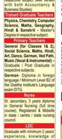 Darbari Lal DAV Model School, Delhi Staff Requirement