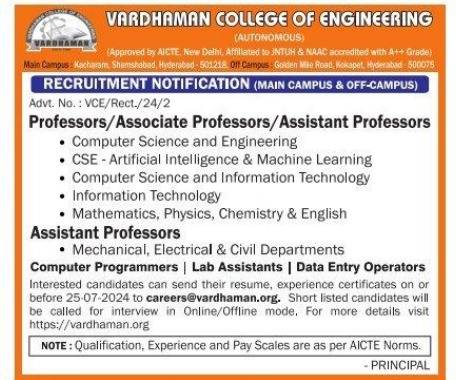 VARDHAMAN COLLEGE OF ENGINEERING Hyderabad, Wanted Faculty 